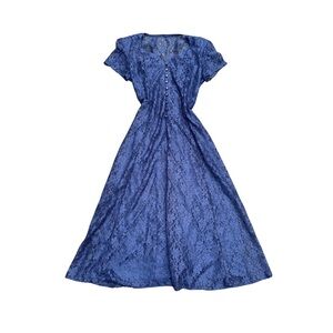 Vintage 1980's Navy Blue Corset Lace Maxi Dress Floral Boho Bohemian 11/12 Bow